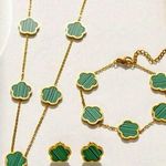 Gold Plated Clover Necklace Earring SET Green 5 Petals Unisex Womens Mens Photo 0