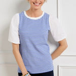 Talbots  Blouse Shirt Woman XL Blue Stripe Puff Sleeve Coastal Beachy Nautical Photo 0