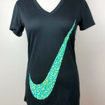 Nike Dri-Fit Tee XS V-Neck Swoosh Logo Black Blue Neon Short Sleeve T-Shirt Photo 0