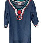 LAND R FASHION DENIM DRESS (M) CROCHETED TRIM WITH FLOWERS‎ WITH DENIM TIE BELT Size M Photo 0