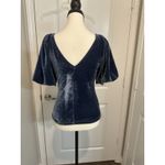 Free People  Cupcake Velvet Top Blue Ruched Puff Sleeve V‎ Neck Size S Holiday Photo 2