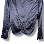 frame denim FRAME Navy Silk Ruched Mock Neck Button Front Long Sleeve Blouse Top Photo 5