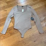 EXPRESS Body Contour Long Sleeve Square Neck Thong Bodysuit Taupe Size Small NWT Photo 0