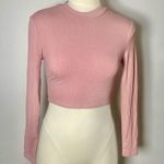 Pink Ribbed Long Sleeve Mock Neck Crop Top – Small – Y2K Minimalist Layering Photo 0