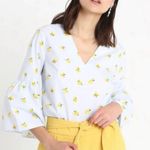Banana Republic Lemon Print Blouse Shirt Pastel Blue Yellow Bell Sleeve XS Photo 0