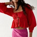 Free People  Long Sleeve Cropped Red Carly Blouse With Tie Front Photo 1