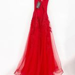La Femme 28985 Red Tulle Lace Gown Plunge V Neck Lace Up Back Size 00 NEW Photo 5