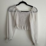 Romwe  White Sheer Bishop Sleeve Smocked‎ Crop Top Ruffle Trim Square Neck Blouse Photo 2