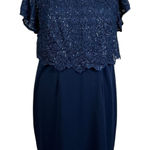 Adrianna Papell  Sequined Lace Sheath Cocktail Dress Navy Blue Size 14W Boat Neck Photo 0