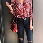 The Kooples Botanical-Print Puff-Sleeve Peplum Silk Top Red Womens Size 2 Medium Photo 10