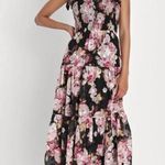 Lulus Wowing Wonder Black Floral Jacquard Smocked Tie-Strap Tiered Midi Dress Photo 0