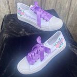 Custom White Sneakers with Purple Laces Floral Design Mrs. Cuevas Size 39 (US 8) Photo 0