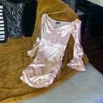 Pretty Little Thing  Dusty Pink Bardot Satin Mesh Insert Ruched Bodycon Mini Dress Photo 5