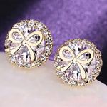 Gold Tone Purple Crystal Bow Stud Earrings Round Halo NWT Photo 1
