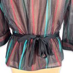 Vintage 80s Striped Sheer Blouse Black Belted Waist Mandarin Collar Metallic Size L Photo 3