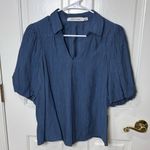 Bishop and Young NWT  Blue Sophia‎ Bubble Sleeve Pleated Blouse with Notched Collar Photo 2