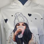 Boutique White Satiny Hoodie Shirt Girl Drinking Coffee Photo 1