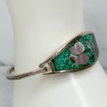 Vintage Alpaca Mexico Mother of Pearl Shell Flower Inlay Bangle Green Photo 8