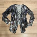 Nic+Zoe  Purple Black Printed Button Down Ruffle Cardigan Cotton Silk Size L Photo 0