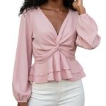 EXPRESS  Pink Twist Front Ruffle Peplum Long Sleeve V Neck Blouse NWT Medium Photo 0