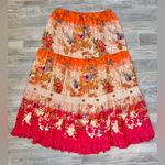 Multicolor Floral Tiered Maxi Skirt Lace Trim, Elastic Waist M20 Orange Size XL Photo 0