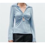 ZARA Icy Blue Metallic Collared Keyhole Cutout Long Sleeve Top Size XL Photo 7
