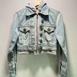 Z Cavaricci Size XS Distressed Cropped Denim Jacket Sweatshirt Removable Hoodie Blue Photo 0