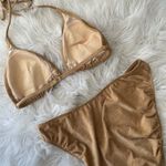 Vintage Tan Faux Suede Halter Triangle High Cut Bikini Swimsuit Boho Western Size M Photo 3