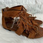 Vince Camuto Cognac Suede Fringe Flat Zip Sandals Size 7 1/2 Brass Chain Womens Photo 2
