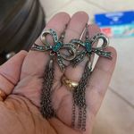 Handmade Oxidized Silver Tone Blue Crystal Bow Tassel Dangle Earrings Photo 1