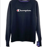 Champion Powerblend Fleece Pullover Sweatshirt Black Boyfriend Crew Logo Script Photo 5