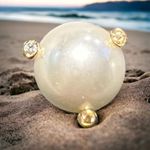 Gold Tone Faux Pearl Stud Earrings Rhinestones on Prongs Pierced 1/4" Photo 1