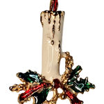 Enamel Christmas Candle Holly 2" Gold Tone Vtg Brooch Pin Holiday Photo 0