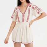American Eagle Boho Embroidered Romper Cream Red Floral Embroidery Size XS Photo 0