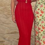 Red knit maxi dress with ruffles and tie Photo 0