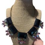 Gold Tone Cuban Flat Chain Statement Necklace Bib Rhinestone Black Pink Blue 21" Photo 0