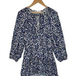 ZARA  Dress Womens L Geometric Ruffle Keyhole Tie Long Balloon Sleeve Blue White Photo 0