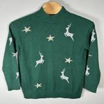 Talbots  Reindeer Star Christmas Holiday Sweater Womens  Large Green Mock Neck Photo 0