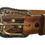Womens Western Embossed Leather Belt Sz 32 Rhinestones Concho Navajo Cowgirl Brown Photo 0