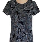 BANANA REPUBLIC Factory black, white & teal paisley short sleeve top. Small. EUC Black Photo 0