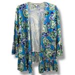 Chico's Blue Yellow Shell Print Linen Blend Cardigan - 2 or L - Open Front Photo 0