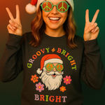 Groovy‎ & Bright Santa Sweatshirt Hippie Christmas Holiday Retro Top Small Black Photo 0