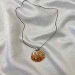 Early 2000's Whimsical Oval Chunky Orange Cream Checkered Pendant Necklace Silver Photo 1