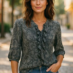 Denim & Supply Ralph Lauren Denim & Supply Womens Blouse Size XS Ralph Lauren Lace Up Paisley Ruffle‎ Poet Photo 0