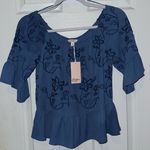 Candie's  Women's Blue Embroidered Floral Blouse Ruffle Sleeve NWT Size XS Photo 0