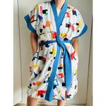 Vintage 80s Unisex Robe Terry Cloth Geo Print Size Medium Womens Quirky Fun White Photo 7