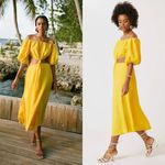 Farm Rio  Yellow Midi Knot Dress Puff Sleeve Preppy Vacation Cut Out Womens Large Photo 1