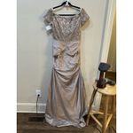 La Femme  Champagne Beaded Off Shoulder Ruched Satin Mermaid Gown Dress 6 = S Photo 6