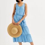 SONOMA TIERED BUTTON FRONT SCOOPNECK MIDI TANK SMOCK DENIM DRESS POCKETS L #193 Blue Size L Photo 3