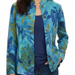 Chico's Teal Blue Leaf Floral Cotton Spandex Jacket Blazer Sz 2 Large 12 Photo 0